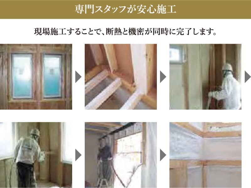 専門スタッフが安心施工 現場施工することで、断熱と機密が同時に完了します。