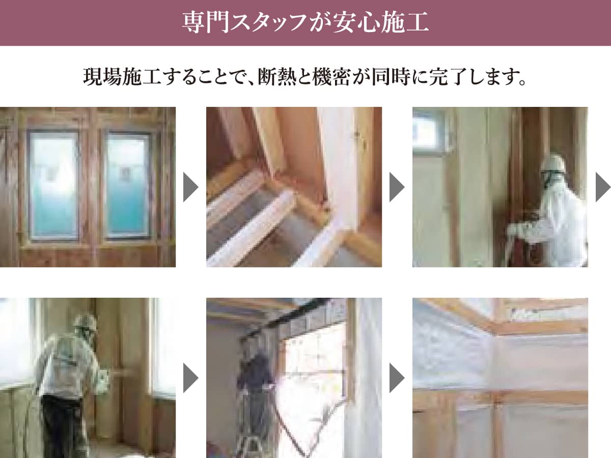 専門スタッフが安心施工　現場施工することで、断熱と機密が同時に完了します。